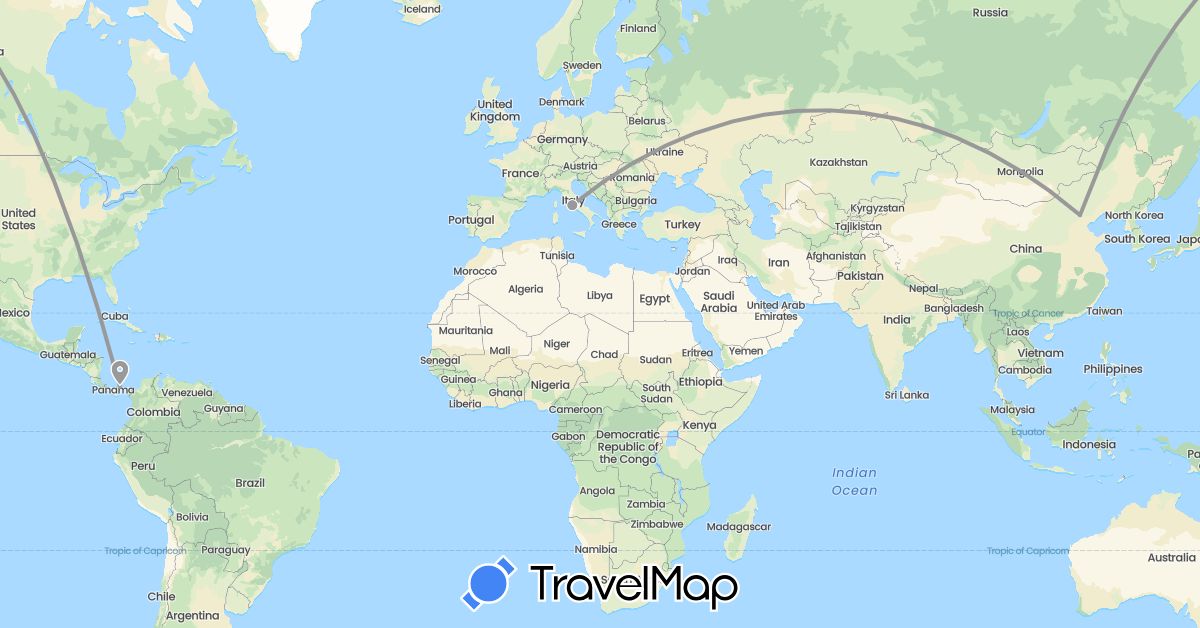 TravelMap itinerary: driving, plane in China, Italy, Panama (Asia, Europe, North America)